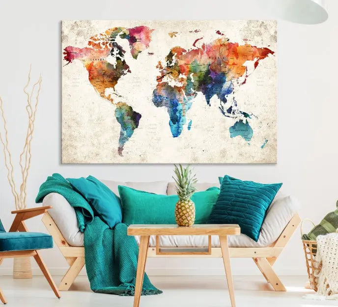 A Push Pin World Map Wall Art Canvas Print with a colorful abstract design and UV-protective coating is displayed on the wall.