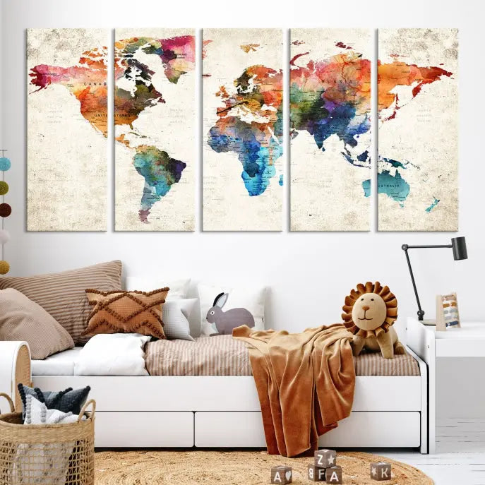 A Push Pin World Map Wall Art Canvas Print with a colorful abstract design and UV-protective coating is displayed on the wall.