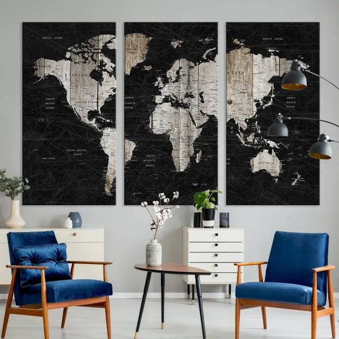 A Push Pin World Map Wall Art Canvas Print graces the wall, enhancing your decor effortlessly. The artwork arrives ready to hang, adding a touch of elegance to the space.