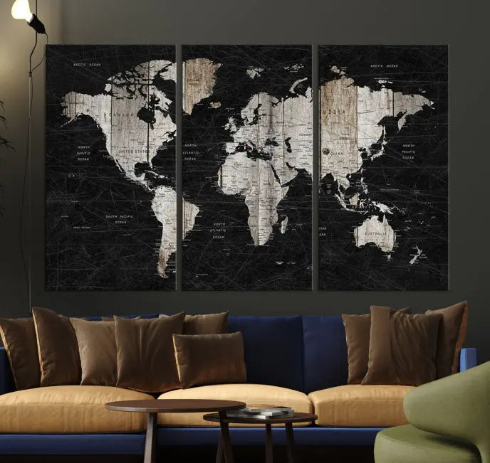 A Push Pin World Map Wall Art Canvas Print graces the wall, enhancing your decor effortlessly. The artwork arrives ready to hang, adding a touch of elegance to the space.