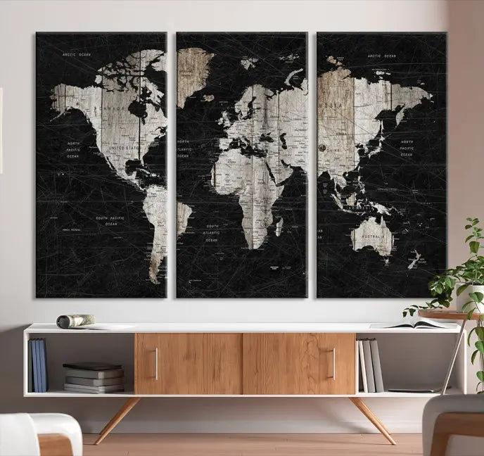 A Push Pin World Map Wall Art Canvas Print graces the wall, enhancing your decor effortlessly. The artwork arrives ready to hang, adding a touch of elegance to the space.