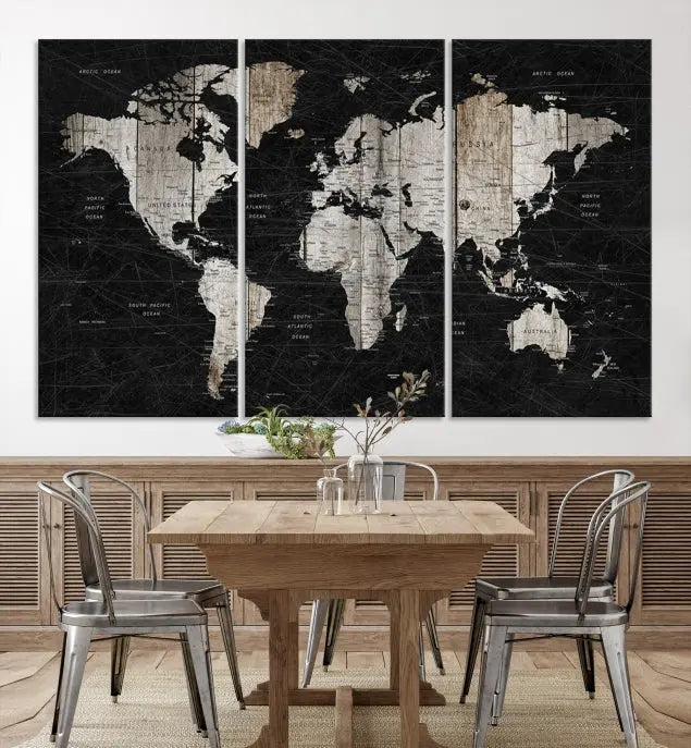 A Push Pin World Map Wall Art Canvas Print graces the wall, enhancing your decor effortlessly. The artwork arrives ready to hang, adding a touch of elegance to the space.