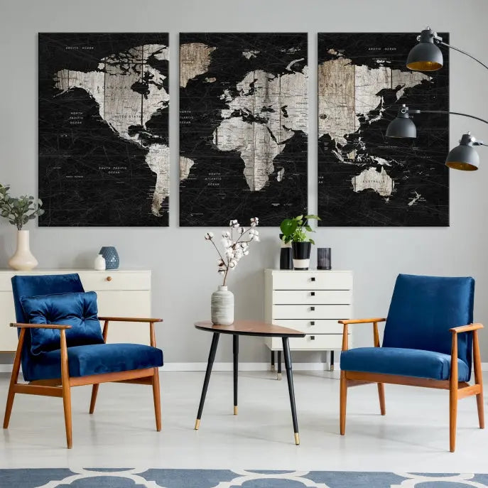 A Push Pin World Map Wall Art Canvas Print graces the wall, enhancing your decor effortlessly. The artwork arrives ready to hang, adding a touch of elegance to the space.