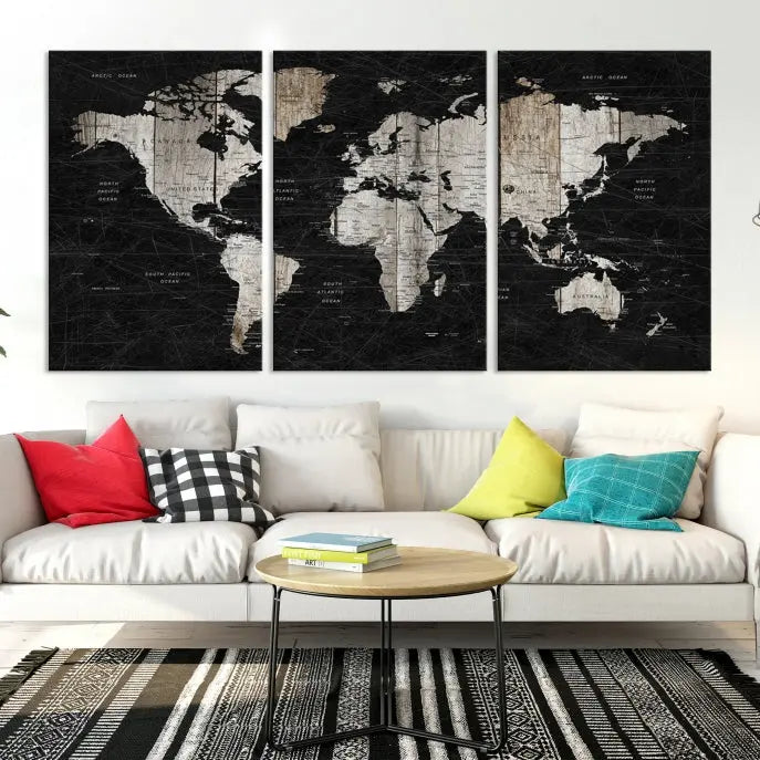 A Push Pin World Map Wall Art Canvas Print graces the wall, enhancing your decor effortlessly. The artwork arrives ready to hang, adding a touch of elegance to the space.