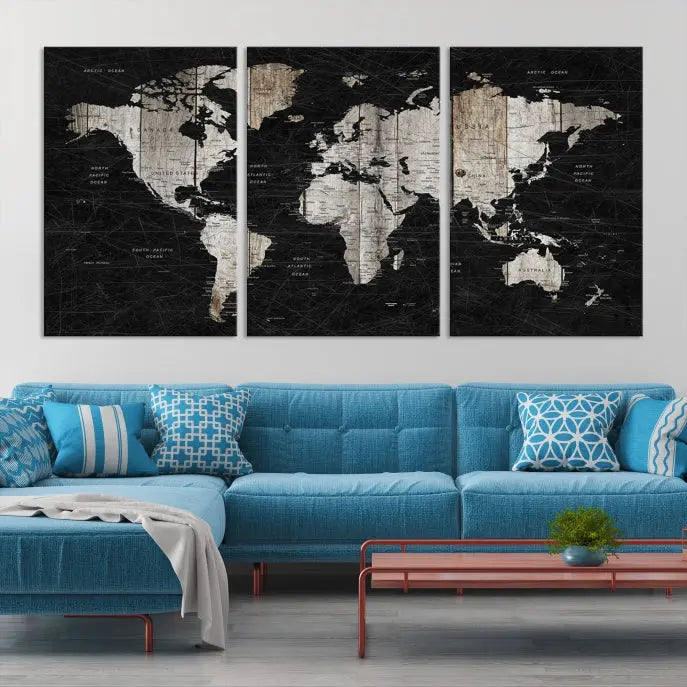 A Push Pin World Map Wall Art Canvas Print graces the wall, enhancing your decor effortlessly. The artwork arrives ready to hang, adding a touch of elegance to the space.