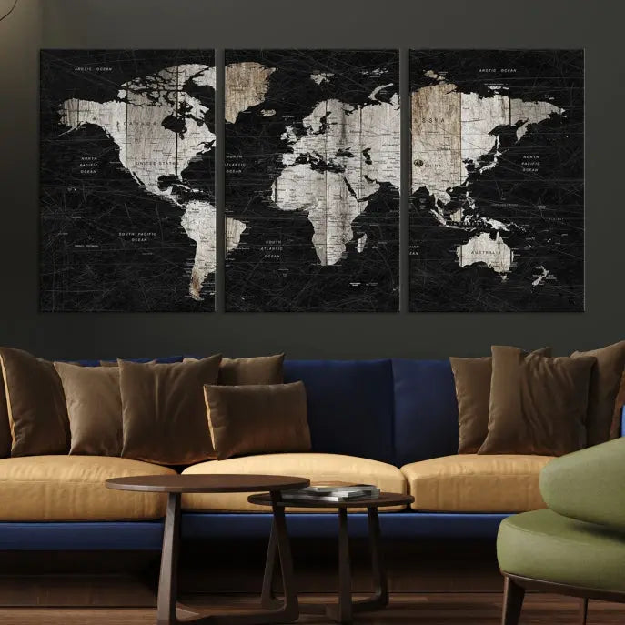 A Push Pin World Map Wall Art Canvas Print graces the wall, enhancing your decor effortlessly. The artwork arrives ready to hang, adding a touch of elegance to the space.