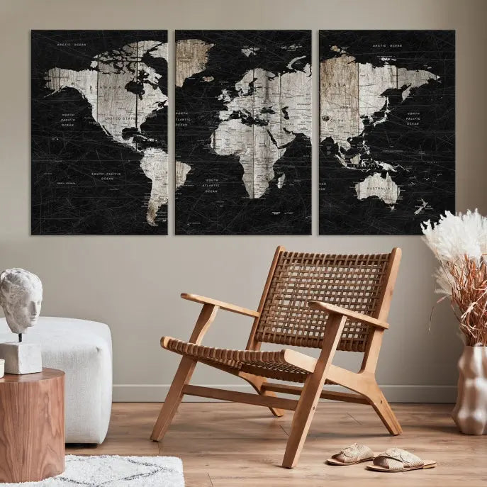 A Push Pin World Map Wall Art Canvas Print graces the wall, enhancing your decor effortlessly. The artwork arrives ready to hang, adding a touch of elegance to the space.