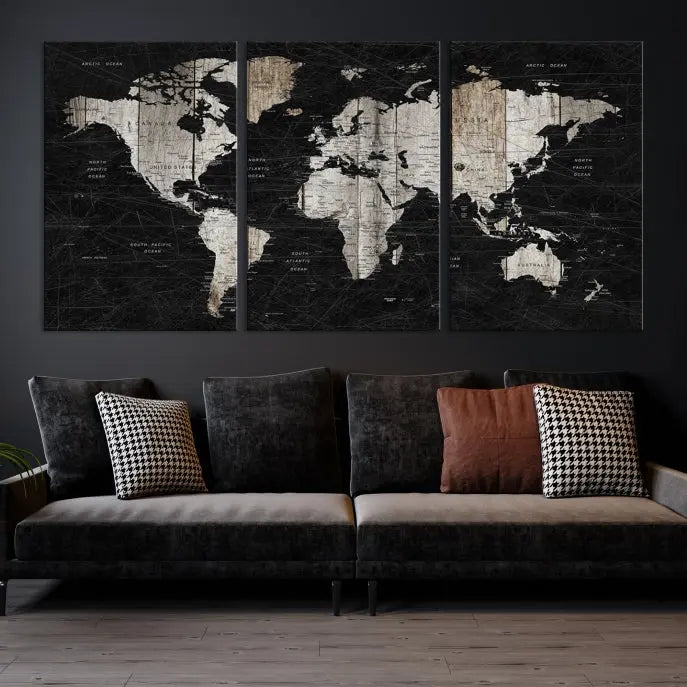 A Push Pin World Map Wall Art Canvas Print graces the wall, enhancing your decor effortlessly. The artwork arrives ready to hang, adding a touch of elegance to the space.