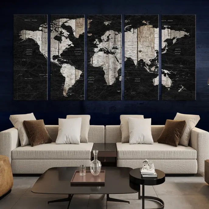 A Push Pin World Map Wall Art Canvas Print graces the wall, enhancing your decor effortlessly. The artwork arrives ready to hang, adding a touch of elegance to the space.