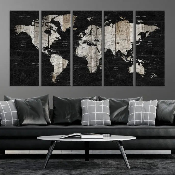 A Push Pin World Map Wall Art Canvas Print graces the wall, enhancing your decor effortlessly. The artwork arrives ready to hang, adding a touch of elegance to the space.