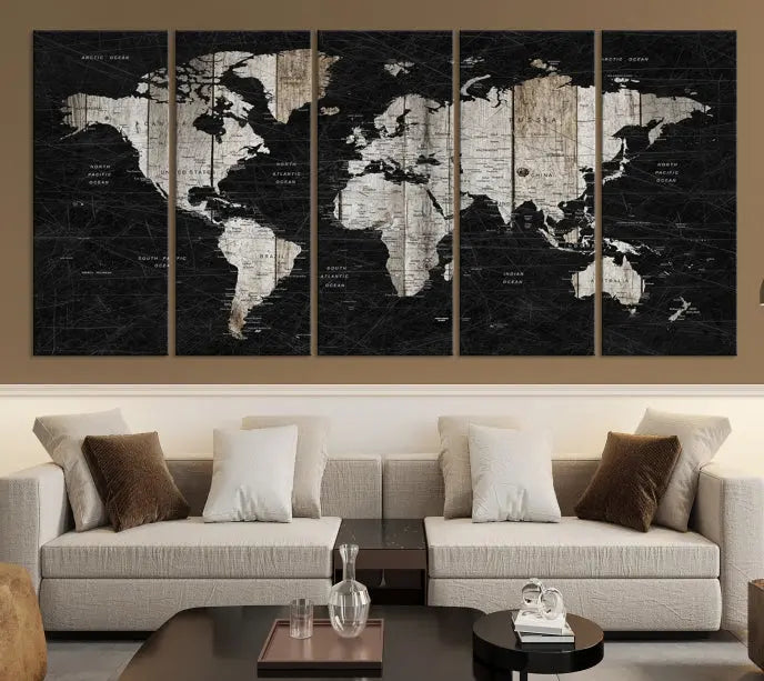 A Push Pin World Map Wall Art Canvas Print graces the wall, enhancing your decor effortlessly. The artwork arrives ready to hang, adding a touch of elegance to the space.