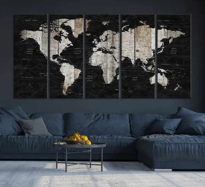 A Push Pin World Map Wall Art Canvas Print graces the wall, enhancing your decor effortlessly. The artwork arrives ready to hang, adding a touch of elegance to the space.