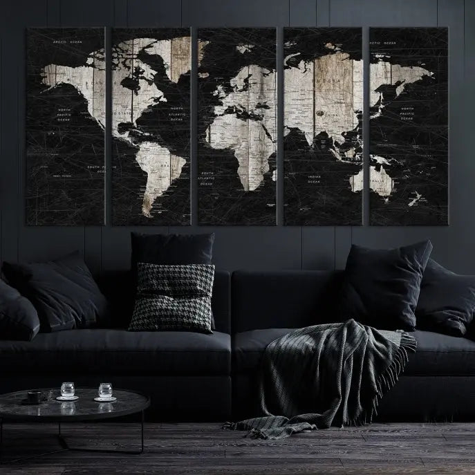 A Push Pin World Map Wall Art Canvas Print graces the wall, enhancing your decor effortlessly. The artwork arrives ready to hang, adding a touch of elegance to the space.