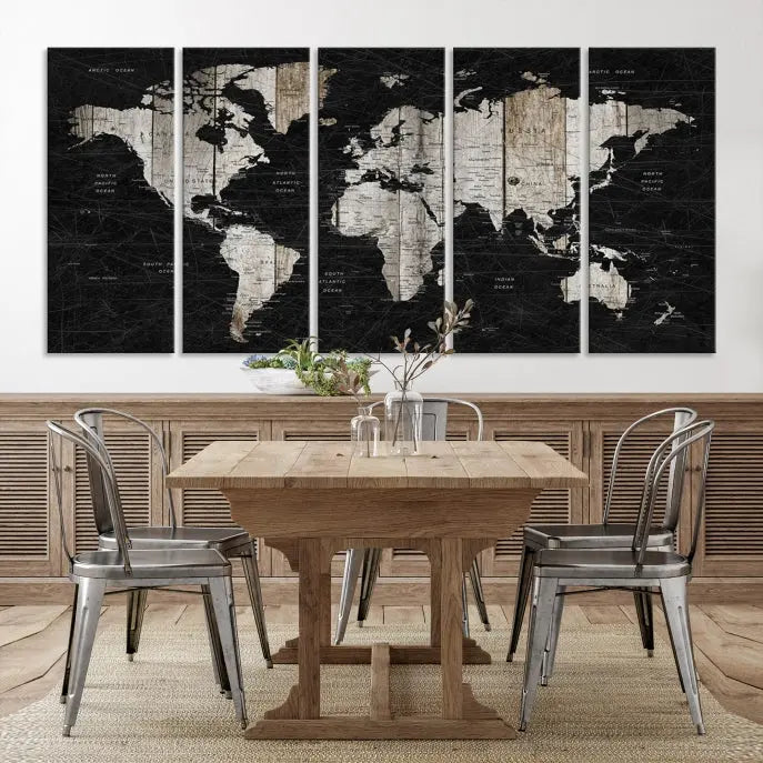 A Push Pin World Map Wall Art Canvas Print graces the wall, enhancing your decor effortlessly. The artwork arrives ready to hang, adding a touch of elegance to the space.