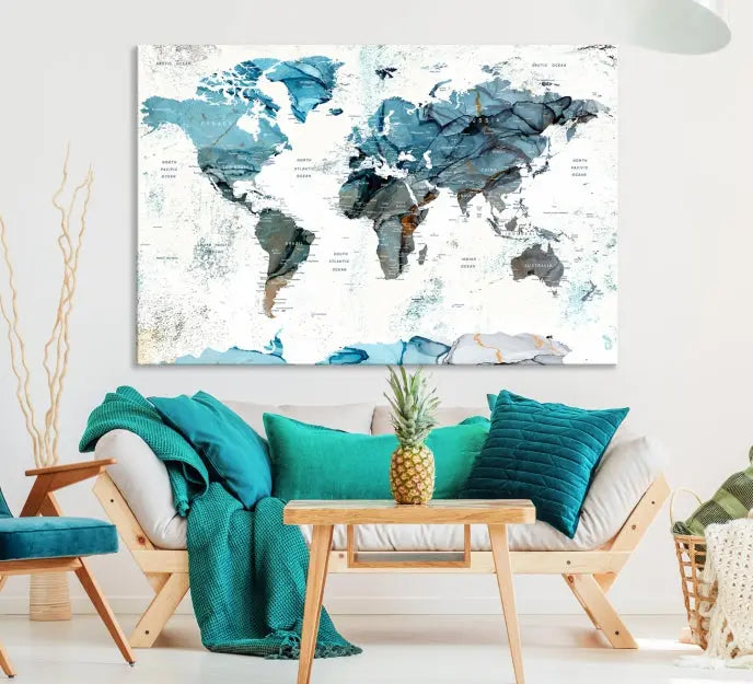 A modern living room showcases the Push Pin World Map Wall Art Canvas Print, crafted on museum-quality polycotton canvas, enhancing elegance and depth. The gallery-wrapped artwork creates an inviting space filled with charm.