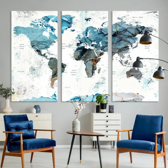 A modern living room showcases the Push Pin World Map Wall Art Canvas Print, crafted on museum-quality polycotton canvas, enhancing elegance and depth. The gallery-wrapped artwork creates an inviting space filled with charm.