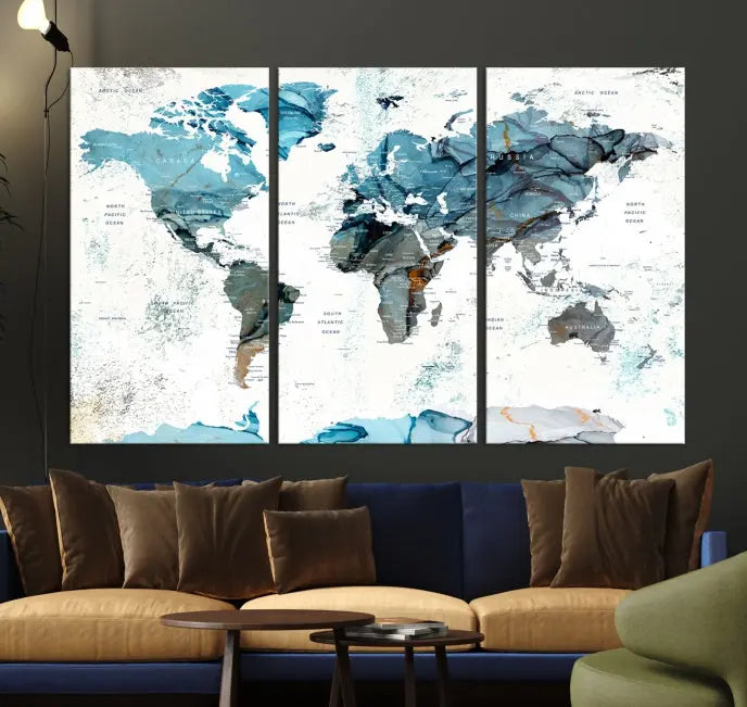 A modern living room showcases the Push Pin World Map Wall Art Canvas Print, crafted on museum-quality polycotton canvas, enhancing elegance and depth. The gallery-wrapped artwork creates an inviting space filled with charm.