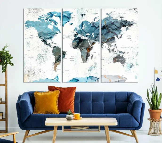 A modern living room showcases the Push Pin World Map Wall Art Canvas Print, crafted on museum-quality polycotton canvas, enhancing elegance and depth. The gallery-wrapped artwork creates an inviting space filled with charm.