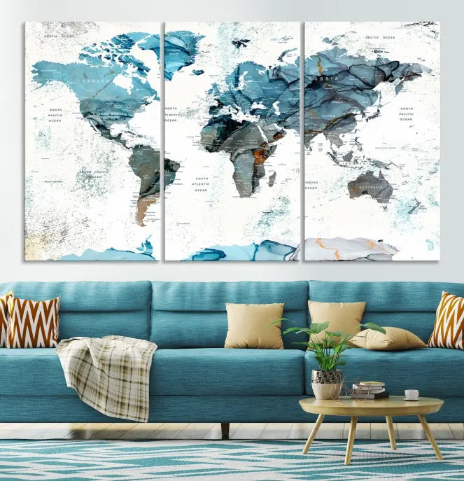 A modern living room showcases the Push Pin World Map Wall Art Canvas Print, crafted on museum-quality polycotton canvas, enhancing elegance and depth. The gallery-wrapped artwork creates an inviting space filled with charm.