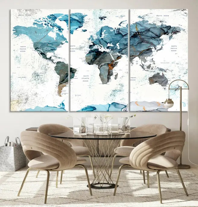 A modern living room showcases the Push Pin World Map Wall Art Canvas Print, crafted on museum-quality polycotton canvas, enhancing elegance and depth. The gallery-wrapped artwork creates an inviting space filled with charm.