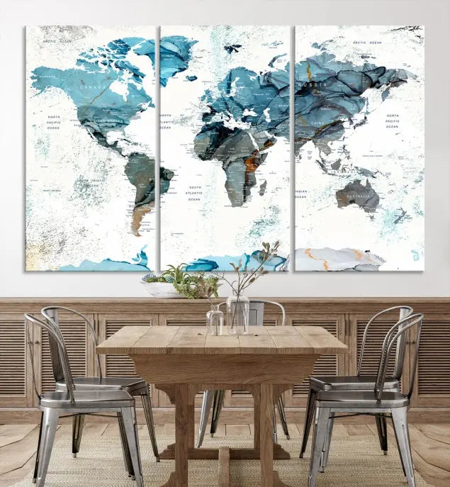 A modern living room showcases the Push Pin World Map Wall Art Canvas Print, crafted on museum-quality polycotton canvas, enhancing elegance and depth. The gallery-wrapped artwork creates an inviting space filled with charm.