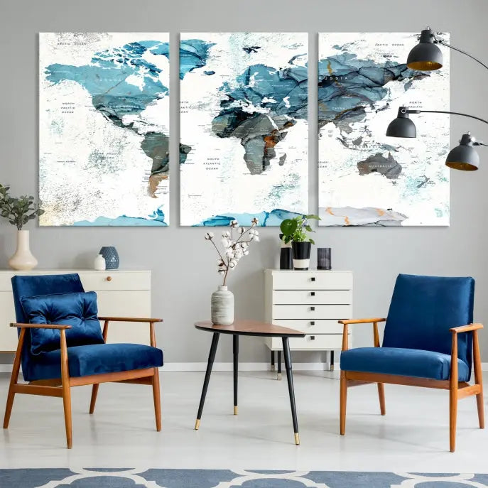 A modern living room showcases the Push Pin World Map Wall Art Canvas Print, crafted on museum-quality polycotton canvas, enhancing elegance and depth. The gallery-wrapped artwork creates an inviting space filled with charm.