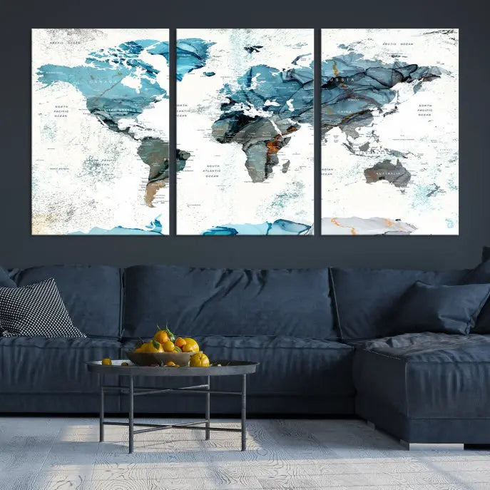 A modern living room showcases the Push Pin World Map Wall Art Canvas Print, crafted on museum-quality polycotton canvas, enhancing elegance and depth. The gallery-wrapped artwork creates an inviting space filled with charm.