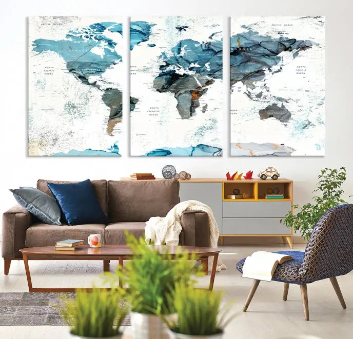 A modern living room showcases the Push Pin World Map Wall Art Canvas Print, crafted on museum-quality polycotton canvas, enhancing elegance and depth. The gallery-wrapped artwork creates an inviting space filled with charm.