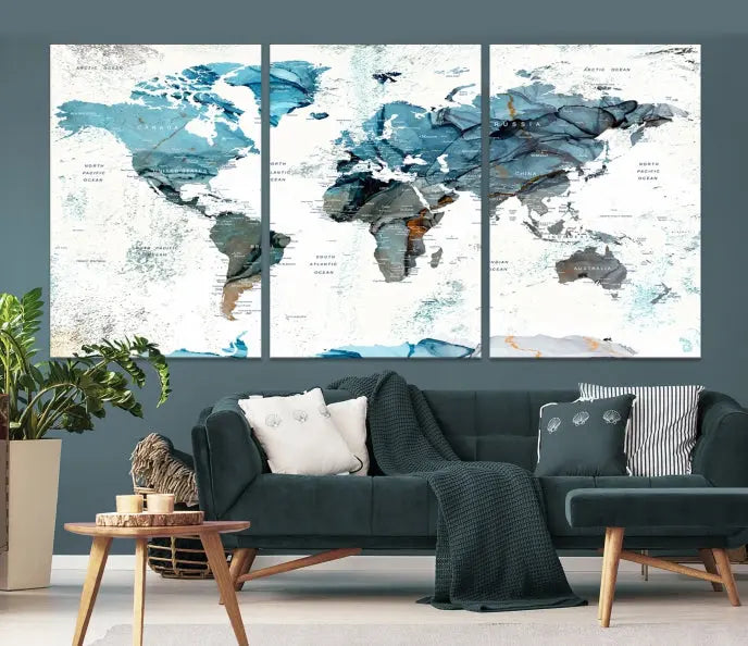 A modern living room showcases the Push Pin World Map Wall Art Canvas Print, crafted on museum-quality polycotton canvas, enhancing elegance and depth. The gallery-wrapped artwork creates an inviting space filled with charm.