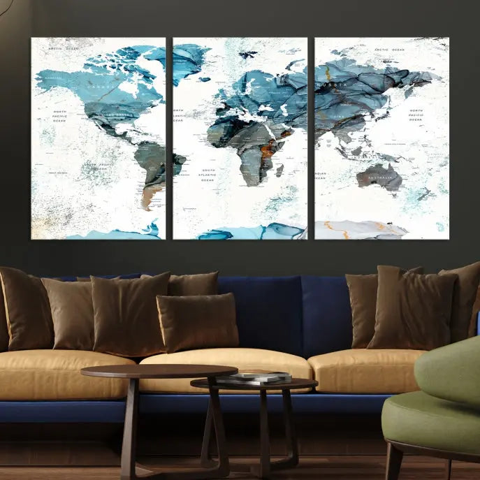 A modern living room showcases the Push Pin World Map Wall Art Canvas Print, crafted on museum-quality polycotton canvas, enhancing elegance and depth. The gallery-wrapped artwork creates an inviting space filled with charm.