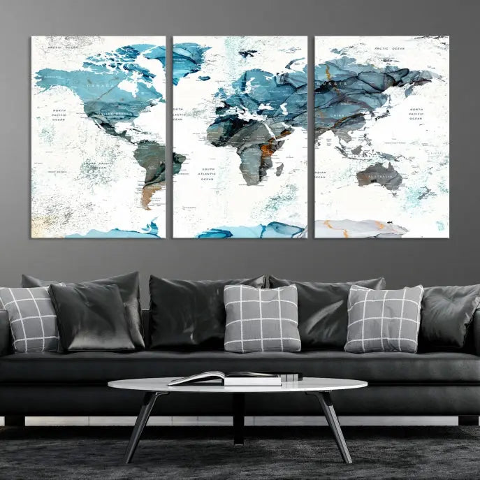 A modern living room showcases the Push Pin World Map Wall Art Canvas Print, crafted on museum-quality polycotton canvas, enhancing elegance and depth. The gallery-wrapped artwork creates an inviting space filled with charm.