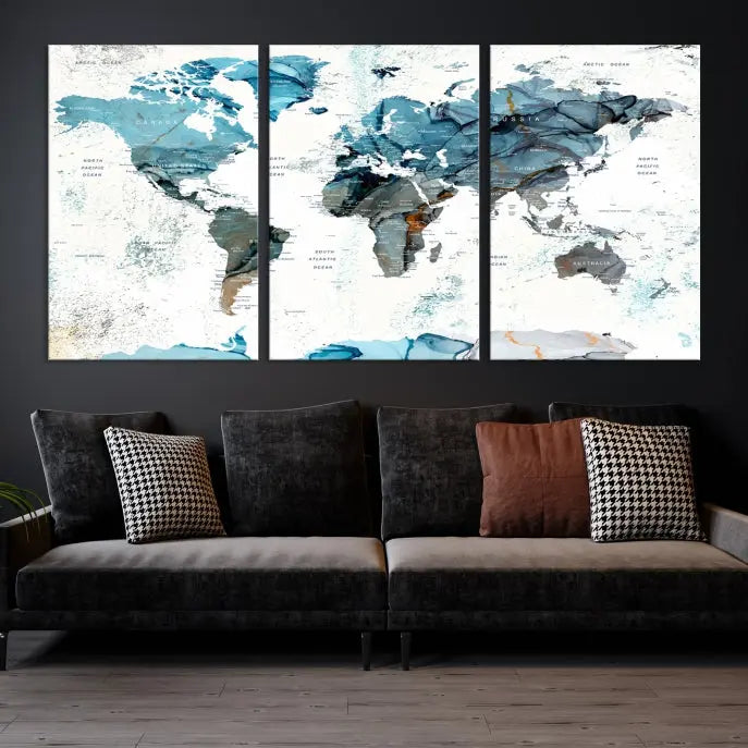 A modern living room showcases the Push Pin World Map Wall Art Canvas Print, crafted on museum-quality polycotton canvas, enhancing elegance and depth. The gallery-wrapped artwork creates an inviting space filled with charm.