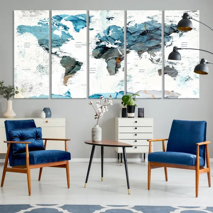 A modern living room showcases the Push Pin World Map Wall Art Canvas Print, crafted on museum-quality polycotton canvas, enhancing elegance and depth. The gallery-wrapped artwork creates an inviting space filled with charm.