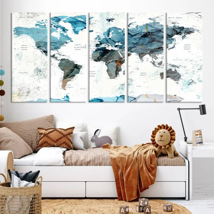 A modern living room showcases the Push Pin World Map Wall Art Canvas Print, crafted on museum-quality polycotton canvas, enhancing elegance and depth. The gallery-wrapped artwork creates an inviting space filled with charm.