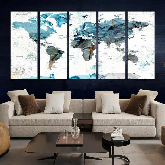 A modern living room showcases the Push Pin World Map Wall Art Canvas Print, crafted on museum-quality polycotton canvas, enhancing elegance and depth. The gallery-wrapped artwork creates an inviting space filled with charm.