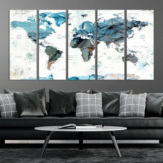 A modern living room showcases the Push Pin World Map Wall Art Canvas Print, crafted on museum-quality polycotton canvas, enhancing elegance and depth. The gallery-wrapped artwork creates an inviting space filled with charm.