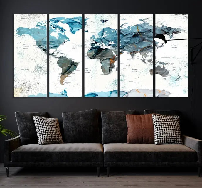 A modern living room showcases the Push Pin World Map Wall Art Canvas Print, crafted on museum-quality polycotton canvas, enhancing elegance and depth. The gallery-wrapped artwork creates an inviting space filled with charm.