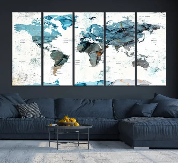 A modern living room showcases the Push Pin World Map Wall Art Canvas Print, crafted on museum-quality polycotton canvas, enhancing elegance and depth. The gallery-wrapped artwork creates an inviting space filled with charm.