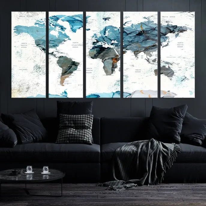 A modern living room showcases the Push Pin World Map Wall Art Canvas Print, crafted on museum-quality polycotton canvas, enhancing elegance and depth. The gallery-wrapped artwork creates an inviting space filled with charm.