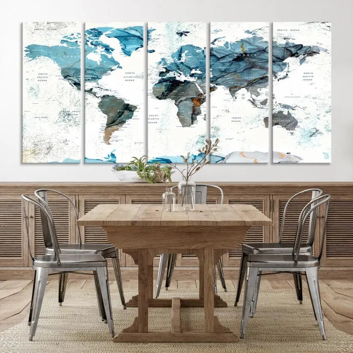 A modern living room showcases the Push Pin World Map Wall Art Canvas Print, crafted on museum-quality polycotton canvas, enhancing elegance and depth. The gallery-wrapped artwork creates an inviting space filled with charm.