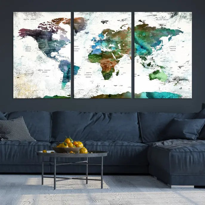 A Push Pin World Map Wall Art Canvas Print, featuring watercolor hues and enhanced with a UV-protective coating for long-lasting vibrant colors, hangs prominently.