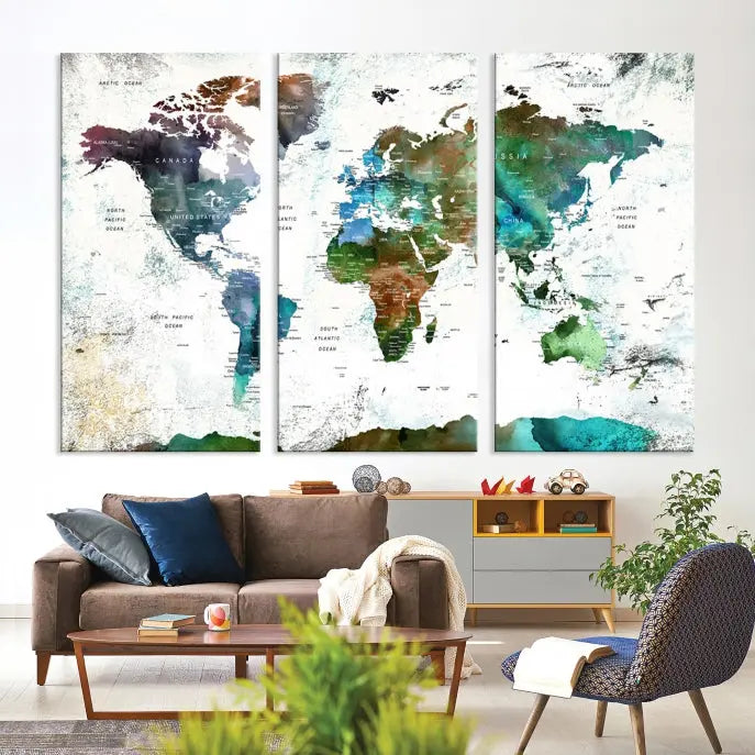 A Push Pin World Map Wall Art Canvas Print, featuring watercolor hues and enhanced with a UV-protective coating for long-lasting vibrant colors, hangs prominently.