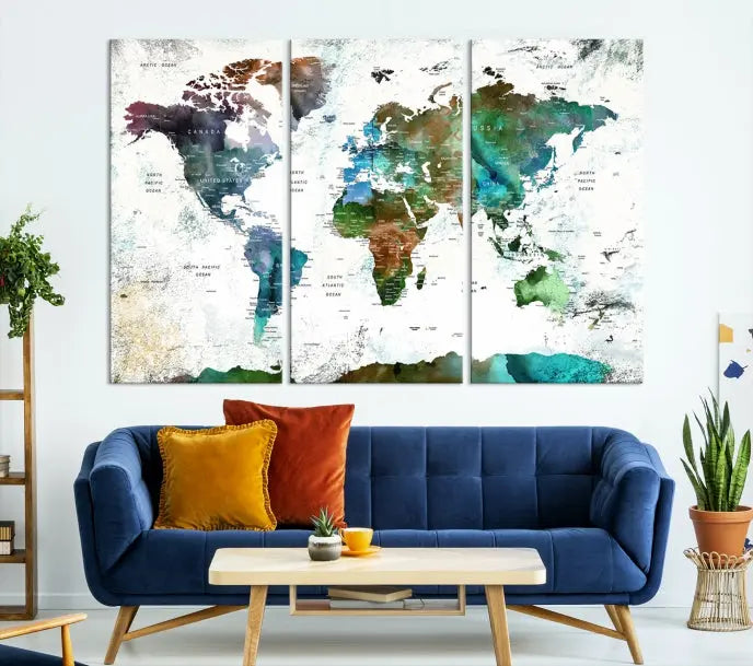 A Push Pin World Map Wall Art Canvas Print, featuring watercolor hues and enhanced with a UV-protective coating for long-lasting vibrant colors, hangs prominently.