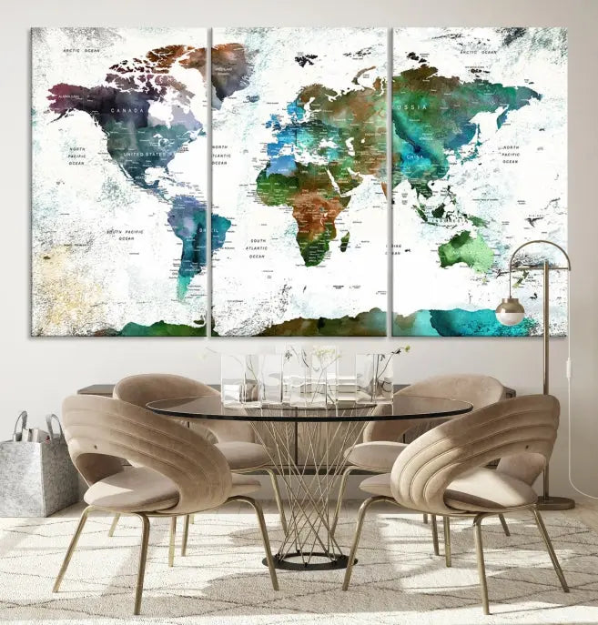 A Push Pin World Map Wall Art Canvas Print, featuring watercolor hues and enhanced with a UV-protective coating for long-lasting vibrant colors, hangs prominently.