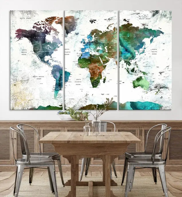 A Push Pin World Map Wall Art Canvas Print, featuring watercolor hues and enhanced with a UV-protective coating for long-lasting vibrant colors, hangs prominently.