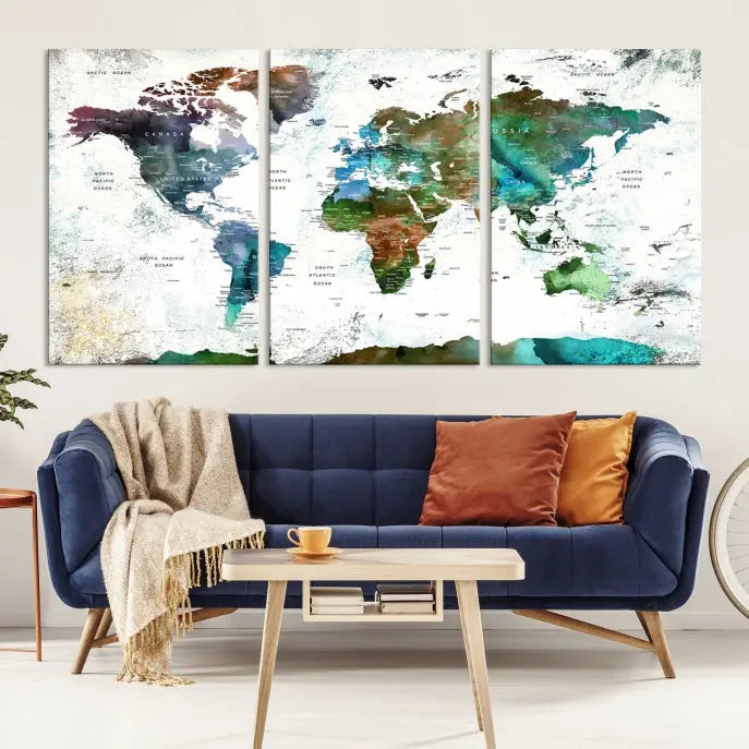 A Push Pin World Map Wall Art Canvas Print, featuring watercolor hues and enhanced with a UV-protective coating for long-lasting vibrant colors, hangs prominently.