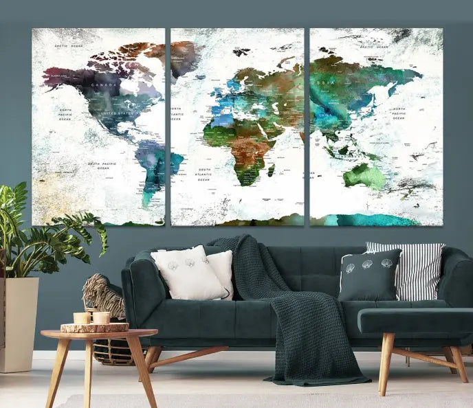 A Push Pin World Map Wall Art Canvas Print, featuring watercolor hues and enhanced with a UV-protective coating for long-lasting vibrant colors, hangs prominently.