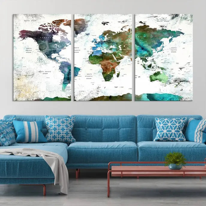 A Push Pin World Map Wall Art Canvas Print, featuring watercolor hues and enhanced with a UV-protective coating for long-lasting vibrant colors, hangs prominently.