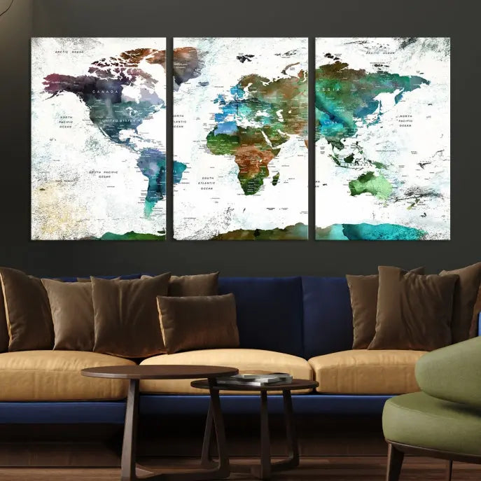 A Push Pin World Map Wall Art Canvas Print, featuring watercolor hues and enhanced with a UV-protective coating for long-lasting vibrant colors, hangs prominently.