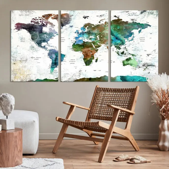 A Push Pin World Map Wall Art Canvas Print, featuring watercolor hues and enhanced with a UV-protective coating for long-lasting vibrant colors, hangs prominently.